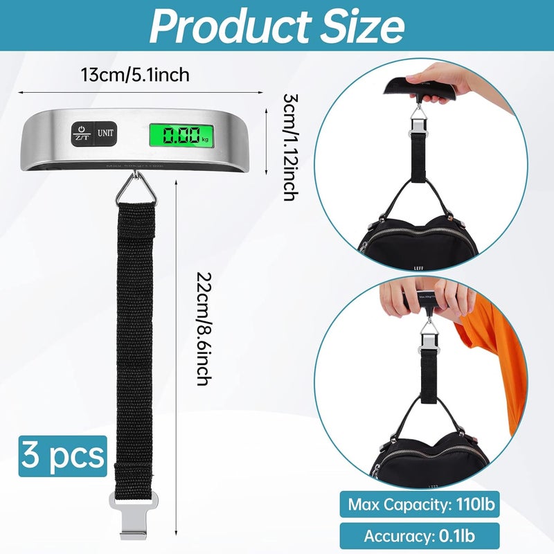 Visen Digital Luggage Scale,3 Pack Luggage Weight Scale,110LB Handheld Digital Hanging Scales,Baggage Scale with Backlit LCD Display,Portable Suitcase Weight Scale with Hook for Travelers,Battery Included - Image 2